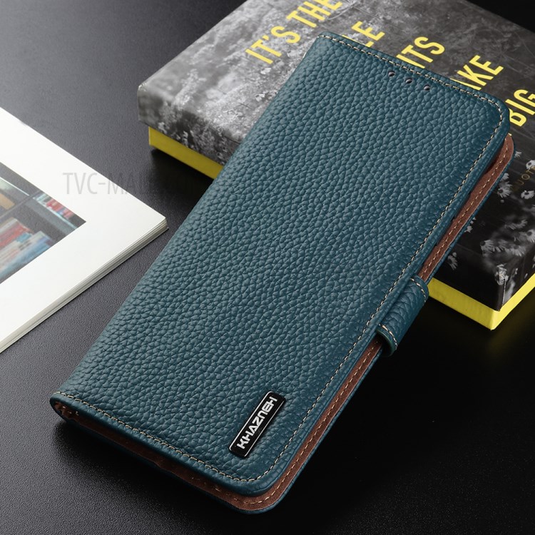 KHAZNEH for Samsung Galaxy S21 FE Wallet Design Litchi Texture Top Layer Genuine Leather Shell Cell Phone Stand Case - Green-8