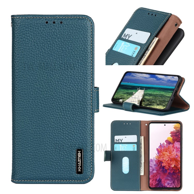 KHAZNEH for Samsung Galaxy S21 FE Wallet Design Litchi Texture Top Layer Genuine Leather Shell Cell Phone Stand Case - Green-9