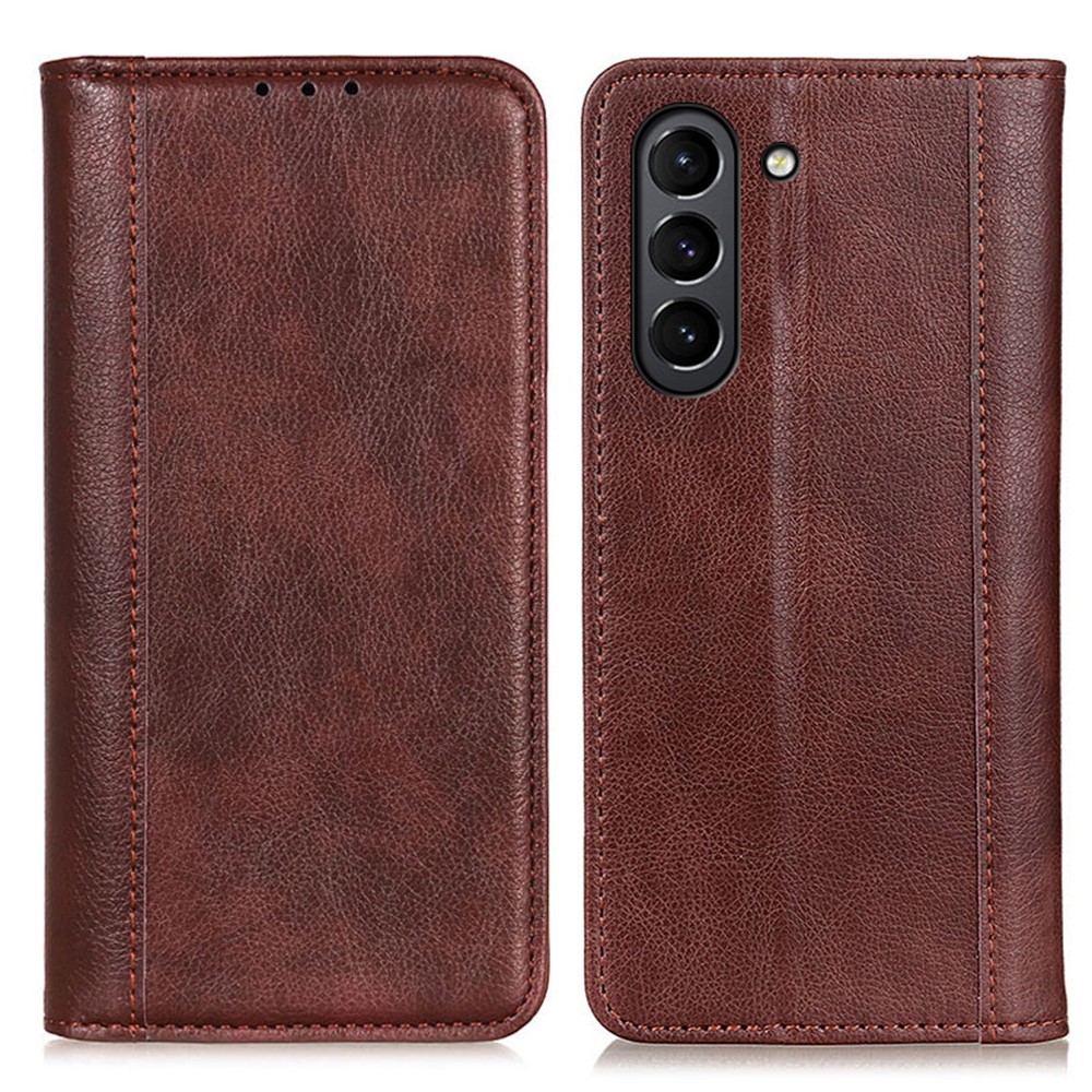 Auto-absorbed Litchi Texture Split Leather Wallet Stand Case Cover for Samsung Galaxy S21 FE - Brown-1