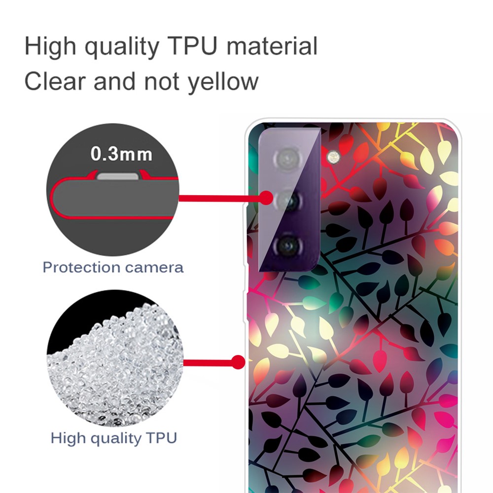 Pattern Printing Transparent Background TPU Phone Cover Case for Samsung Galaxy S21 FE - Black Leaf Pattern-2