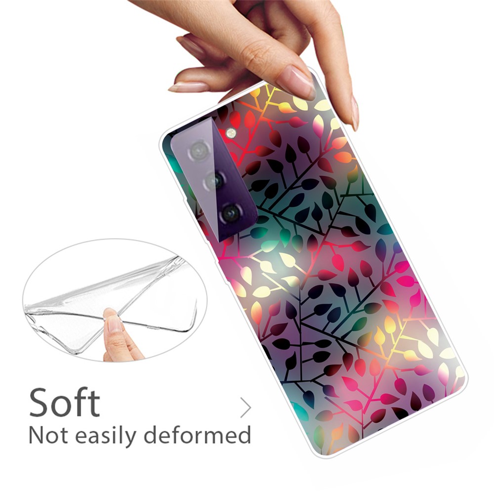 Pattern Printing Transparent Background TPU Phone Cover Case for Samsung Galaxy S21 FE - Black Leaf Pattern-3