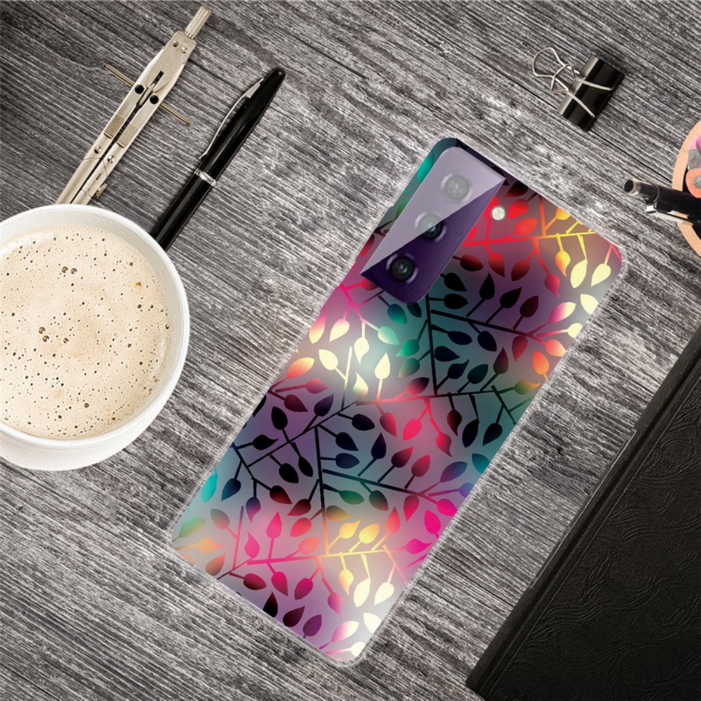 Pattern Printing Transparent Background TPU Phone Cover Case for Samsung Galaxy S21 FE - Black Leaf Pattern-4