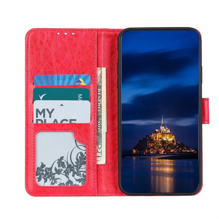 Crazy Horse Leather Wallet Stand Phone Case Cover Shell for Samsung Galaxy S21 FE - Red-4