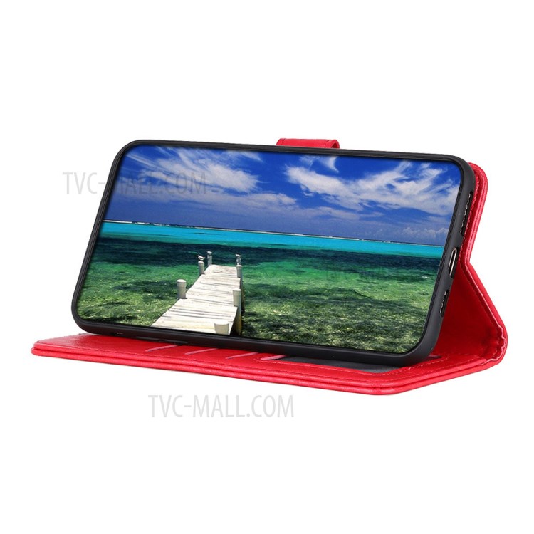 Crazy Horse Leather Wallet Stand Phone Case Cover Shell for Samsung Galaxy S21 FE - Red-7