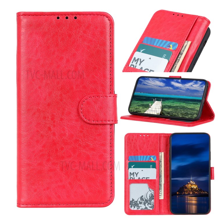 Crazy Horse Leather Wallet Stand Phone Case Cover Shell for Samsung Galaxy S21 FE - Red-9