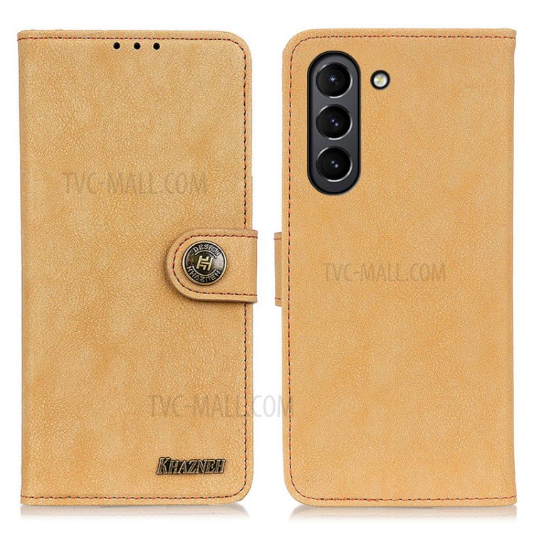 KHAZHEN Stitching Line Design Vintage Split Leather Wallet Stand Phone Case Shell for Samsung Galaxy S21 FE - Khaki-1