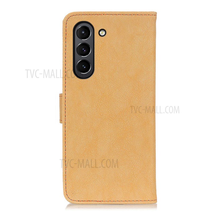 KHAZHEN Stitching Line Design Vintage Split Leather Wallet Stand Phone Case Shell for Samsung Galaxy S21 FE - Khaki-3