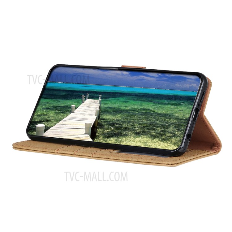 KHAZHEN Stitching Line Design Vintage Split Leather Wallet Stand Phone Case Shell for Samsung Galaxy S21 FE - Khaki-4