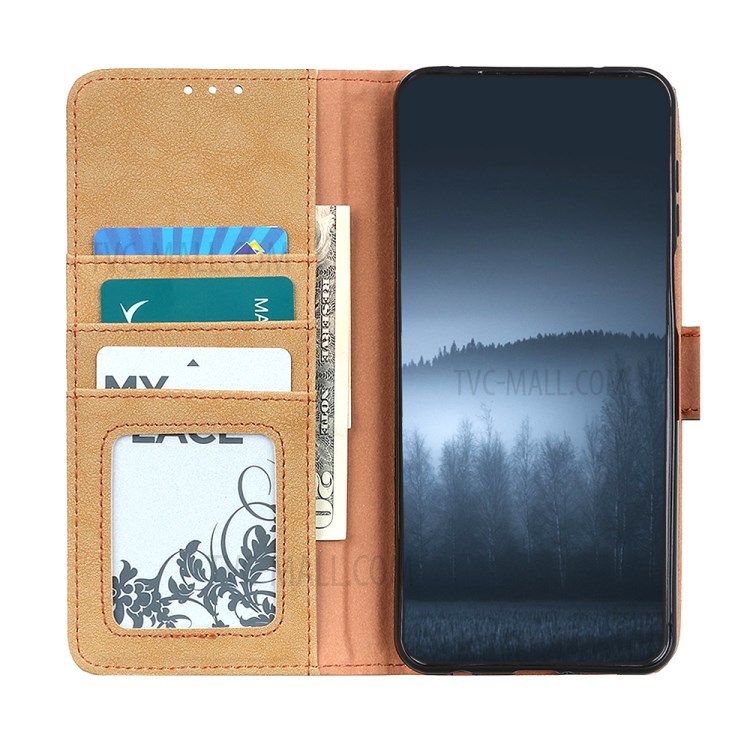 KHAZHEN Stitching Line Design Vintage Split Leather Wallet Stand Phone Case Shell for Samsung Galaxy S21 FE - Khaki-5