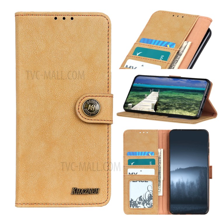 KHAZHEN Stitching Line Design Vintage Split Leather Wallet Stand Phone Case Shell for Samsung Galaxy S21 FE - Khaki-9
