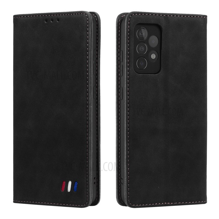 Pour Samsung Galaxy A72 5G / 4G Portefeuille Coque Cuir Skin-Touch Couverture De Téléphone Portable Avec Support & Ornement Tri-coloré - Noir-1