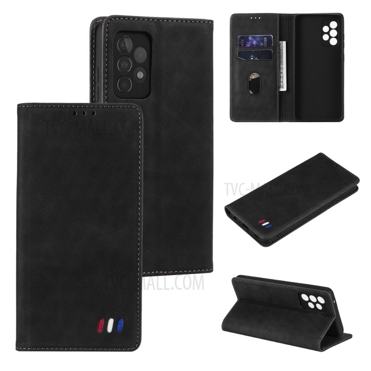 Pour Samsung Galaxy A72 5G / 4G Portefeuille Coque Cuir Skin-Touch Couverture De Téléphone Portable Avec Support & Ornement Tri-coloré - Noir-11