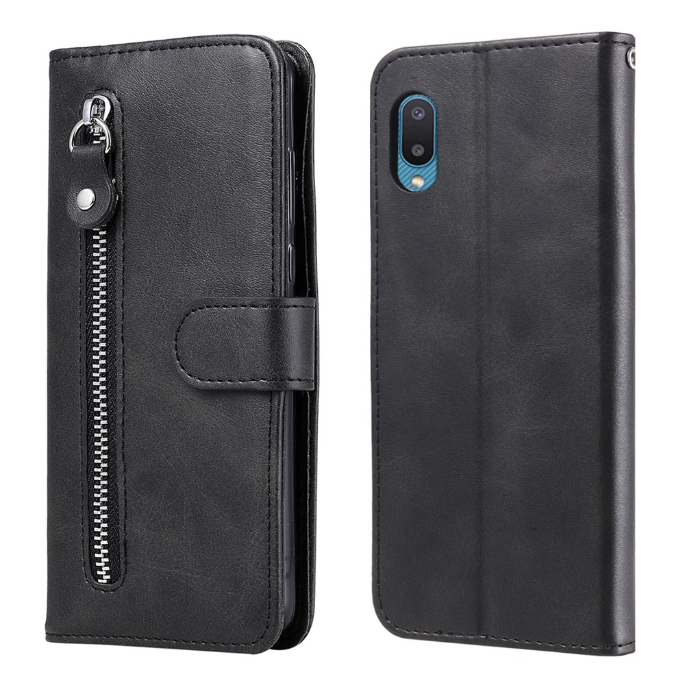 Zipper Pocket Leather Protector Wallet Stand Case for Samsung Galaxy M02/A02 - Black-1