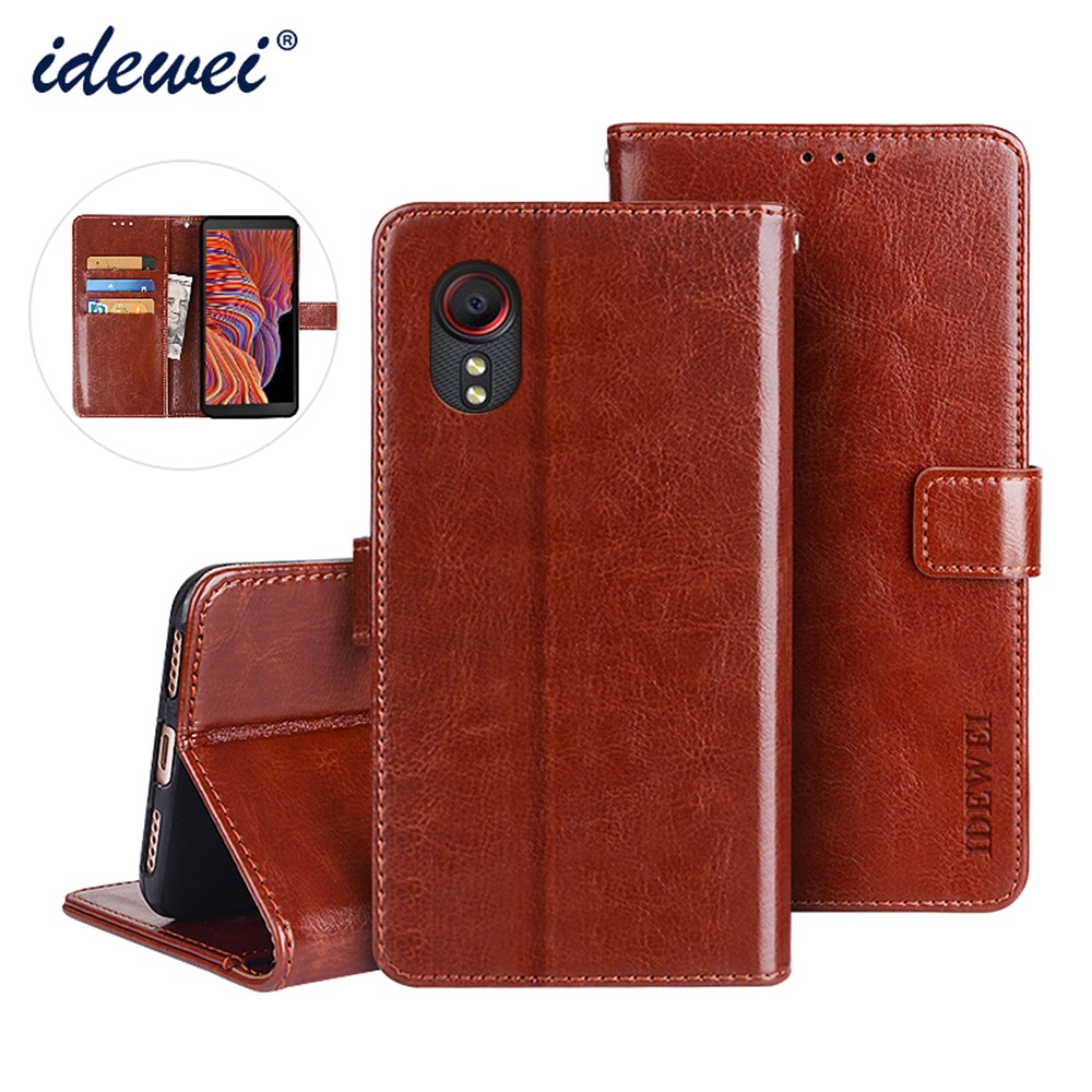 IDEWEI Folio Flip Crazy Horse Texture Leather Mobile Casing with Wallet Stand for Samsung Galaxy Xcover 5 - Brown-11