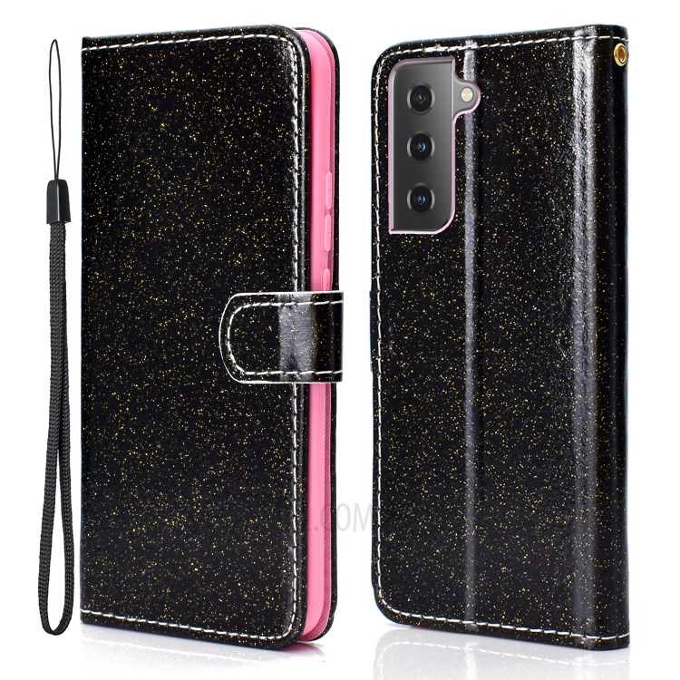 Glitter Powder Leather Wallet Stand Phone Case Shell with Lanyard for Samsung Galaxy S21 5G - Black-1