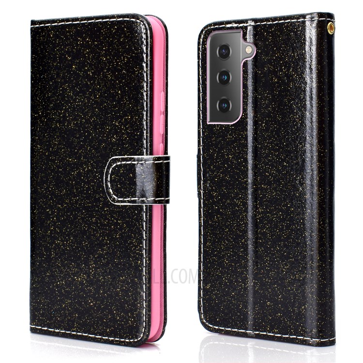 Glitter Powder PU Leather Cellphone Cover Wallet Stand Case with Wrist Strap for Samsung Galaxy S21+ 5G - Black-1