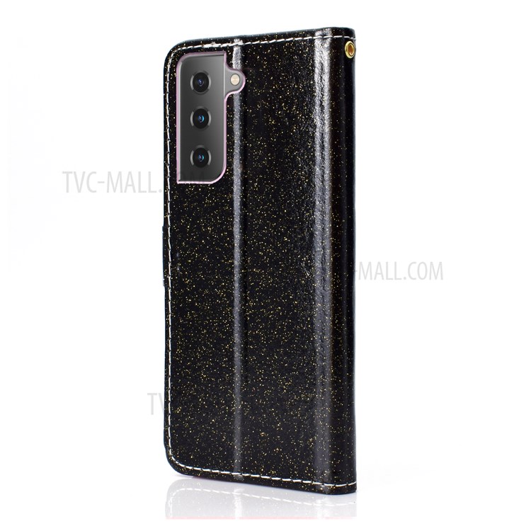 Glitter Powder PU Leather Cellphone Cover Wallet Stand Case with Wrist Strap for Samsung Galaxy S21+ 5G - Black-3