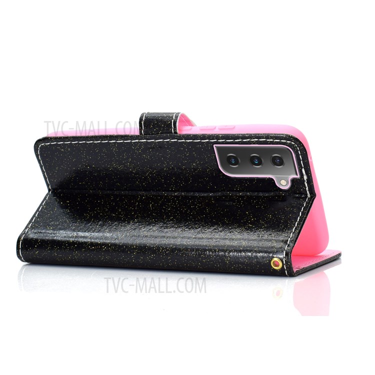 Glitter Powder PU Leather Cellphone Cover Wallet Stand Case with Wrist Strap for Samsung Galaxy S21+ 5G - Black-4