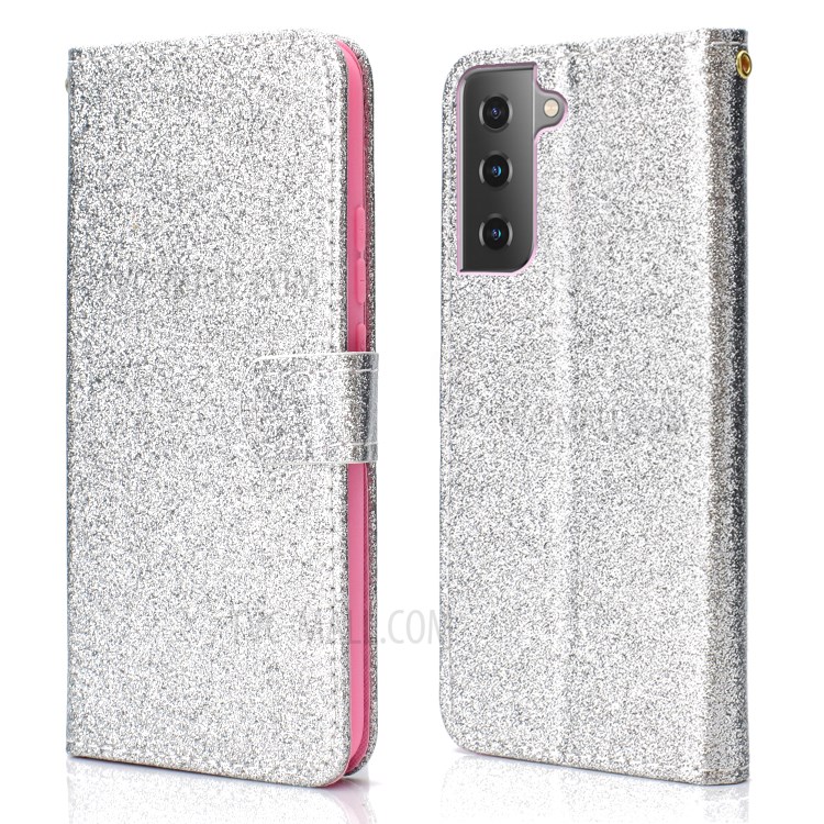 Glitter Powder PU Leather Cellphone Cover Wallet Stand Case with Wrist Strap for Samsung Galaxy S21+ 5G - Silver-1