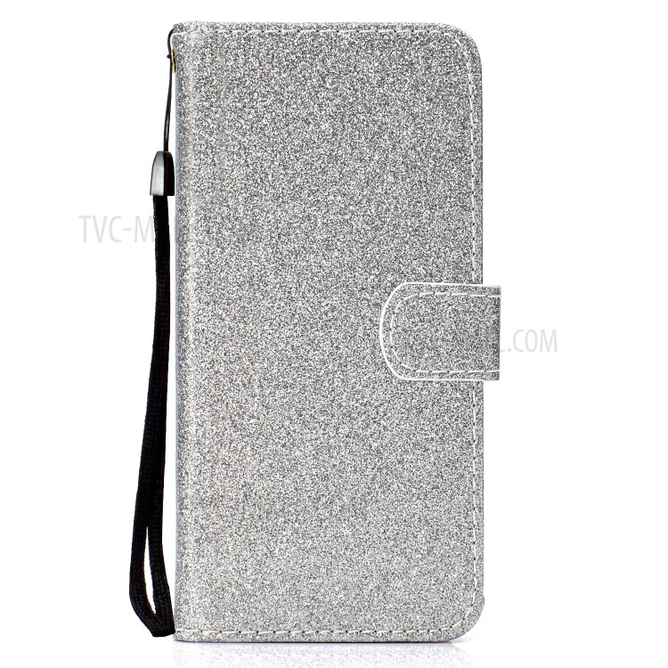 Glitter Powder PU Leather Cellphone Cover Wallet Stand Case with Wrist Strap for Samsung Galaxy S21+ 5G - Silver-2