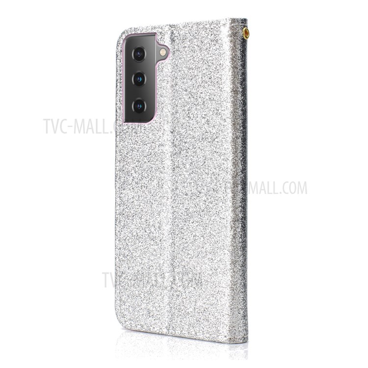 Glitter Powder PU Leather Cellphone Cover Wallet Stand Case with Wrist Strap for Samsung Galaxy S21+ 5G - Silver-3