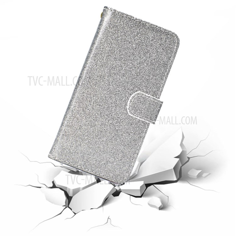 Glitter Powder PU Leather Cellphone Cover Wallet Stand Case with Wrist Strap for Samsung Galaxy S21+ 5G - Silver-8