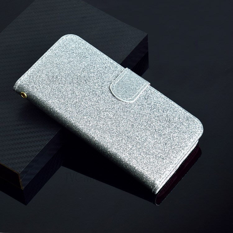 Glitter Powder PU Leather Cellphone Cover Wallet Stand Case with Wrist Strap for Samsung Galaxy S21+ 5G - Silver-9