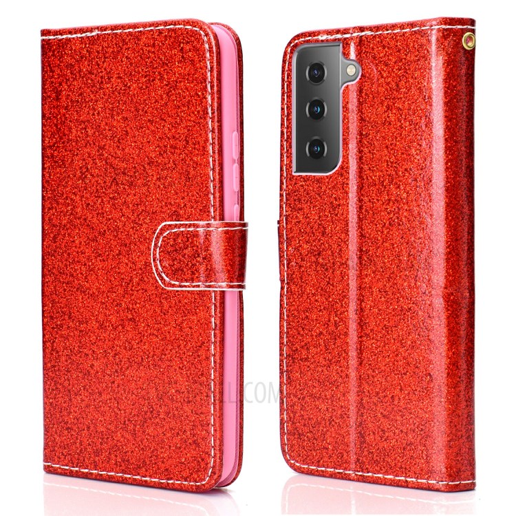 Glitter Powder PU Leather Cellphone Cover Wallet Stand Case with Wrist Strap for Samsung Galaxy S21+ 5G - Red-1