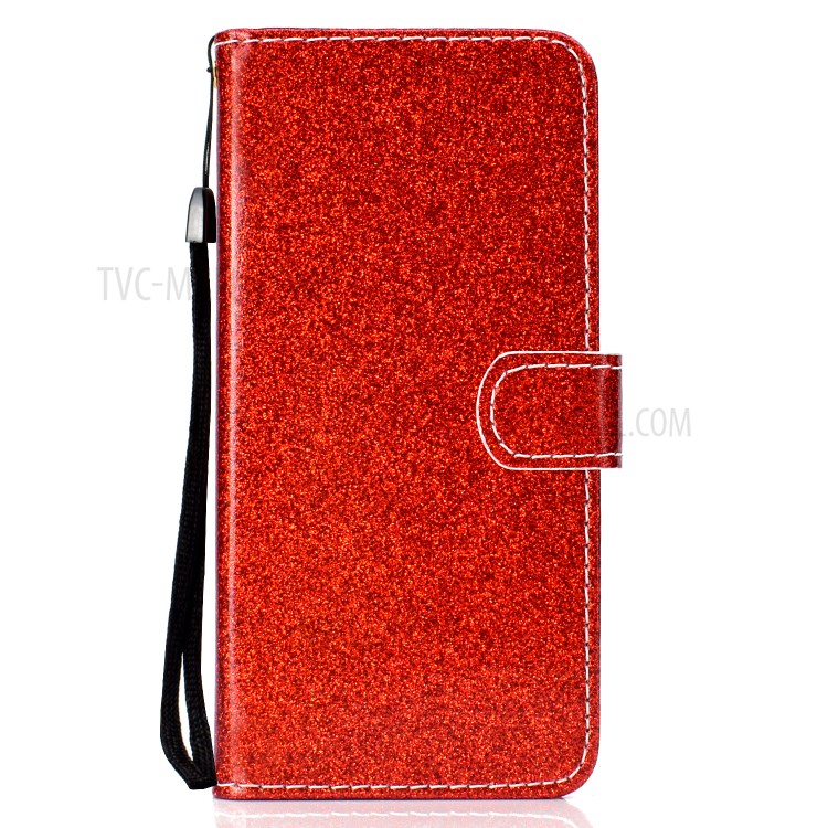 Glitter Powder PU Leather Cellphone Cover Wallet Stand Case with Wrist Strap for Samsung Galaxy S21+ 5G - Red-2