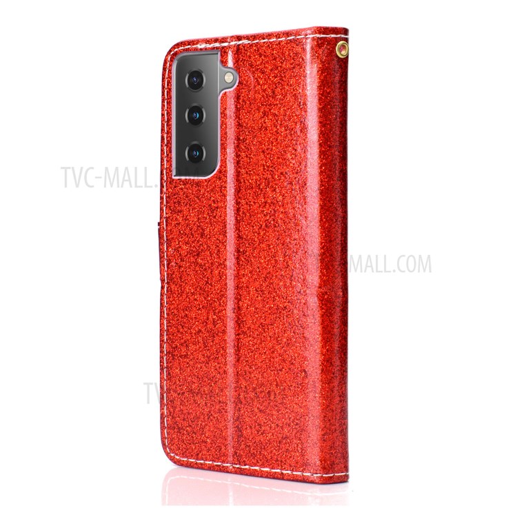 Glitter Powder PU Leather Cellphone Cover Wallet Stand Case with Wrist Strap for Samsung Galaxy S21+ 5G - Red-3