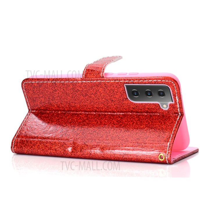 Glitter Powder PU Leather Cellphone Cover Wallet Stand Case with Wrist Strap for Samsung Galaxy S21+ 5G - Red-4