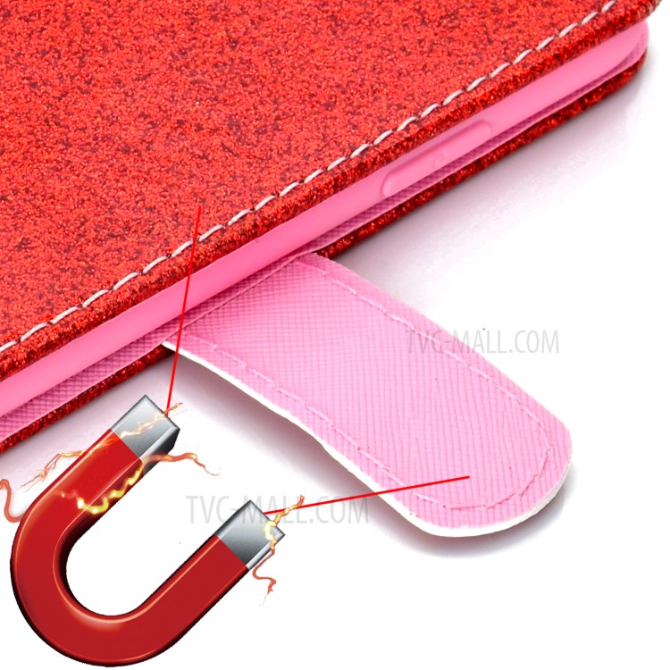 Glitter Powder PU Leather Cellphone Cover Wallet Stand Case with Wrist Strap for Samsung Galaxy S21+ 5G - Red-7