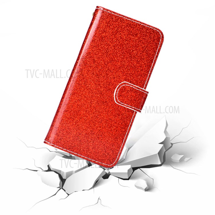 Glitter Powder PU Leather Cellphone Cover Wallet Stand Case with Wrist Strap for Samsung Galaxy S21+ 5G - Red-8