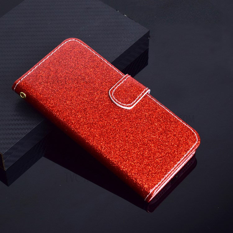 Glitter Powder PU Leather Cellphone Cover Wallet Stand Case with Wrist Strap for Samsung Galaxy S21+ 5G - Red-9