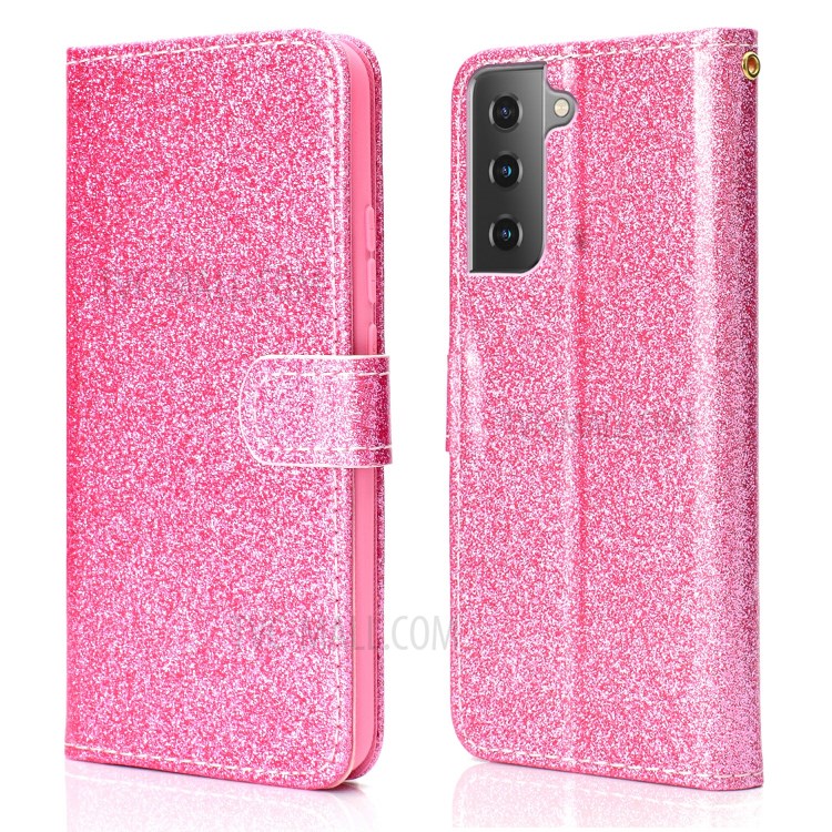 Glitter Powder PU Leather Cellphone Cover Wallet Stand Case with Wrist Strap for Samsung Galaxy S21+ 5G - Pink-1