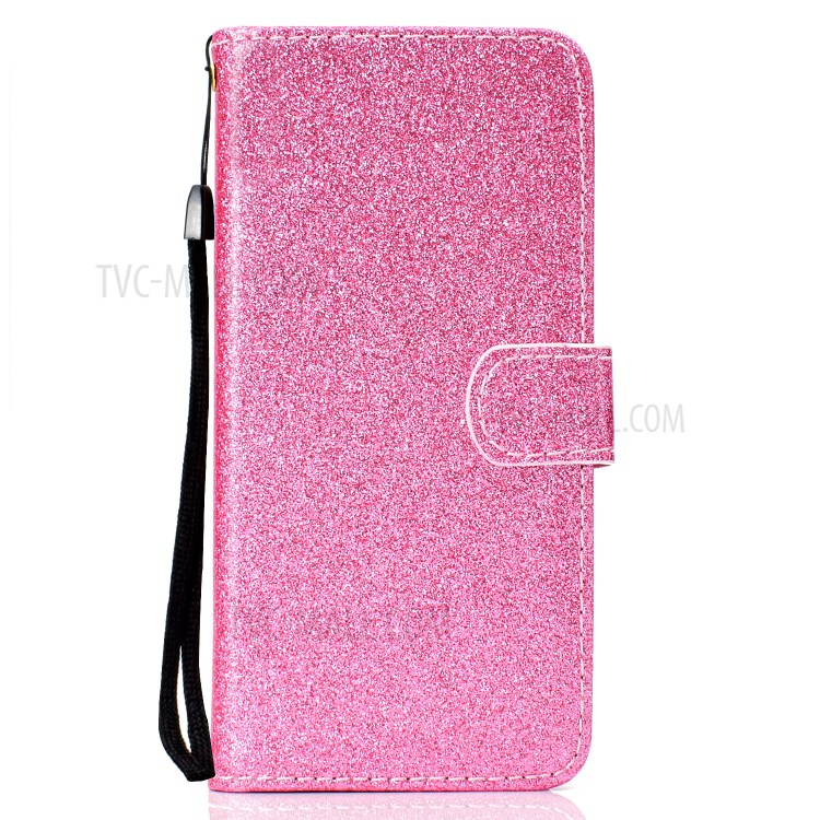 Glitter Powder PU Leather Cellphone Cover Wallet Stand Case with Wrist Strap for Samsung Galaxy S21+ 5G - Pink-2
