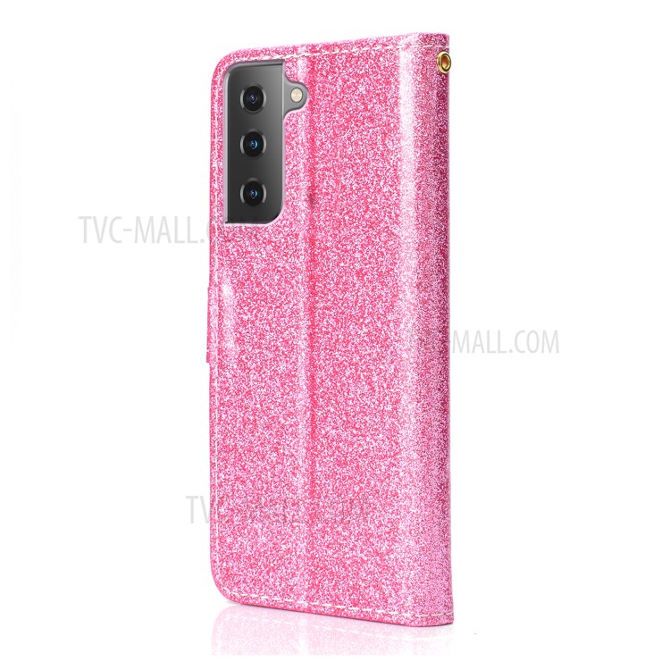 Glitter Powder PU Leather Cellphone Cover Wallet Stand Case with Wrist Strap for Samsung Galaxy S21+ 5G - Pink-3