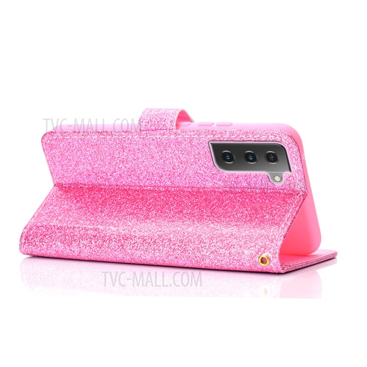 Glitter Powder PU Leather Cellphone Cover Wallet Stand Case with Wrist Strap for Samsung Galaxy S21+ 5G - Pink-4