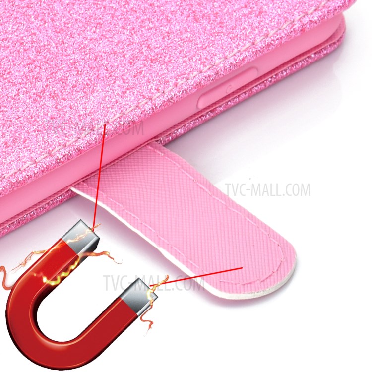 Glitter Powder PU Leather Cellphone Cover Wallet Stand Case with Wrist Strap for Samsung Galaxy S21+ 5G - Pink-7