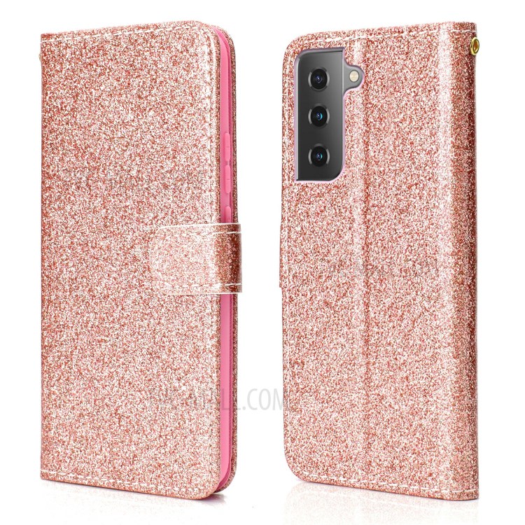 Glitter Powder PU Leather Cellphone Cover Wallet Stand Case with Wrist Strap for Samsung Galaxy S21+ 5G - Rose Gold-1
