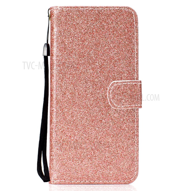 Glitter Powder PU Leather Cellphone Cover Wallet Stand Case with Wrist Strap for Samsung Galaxy S21+ 5G - Rose Gold-2