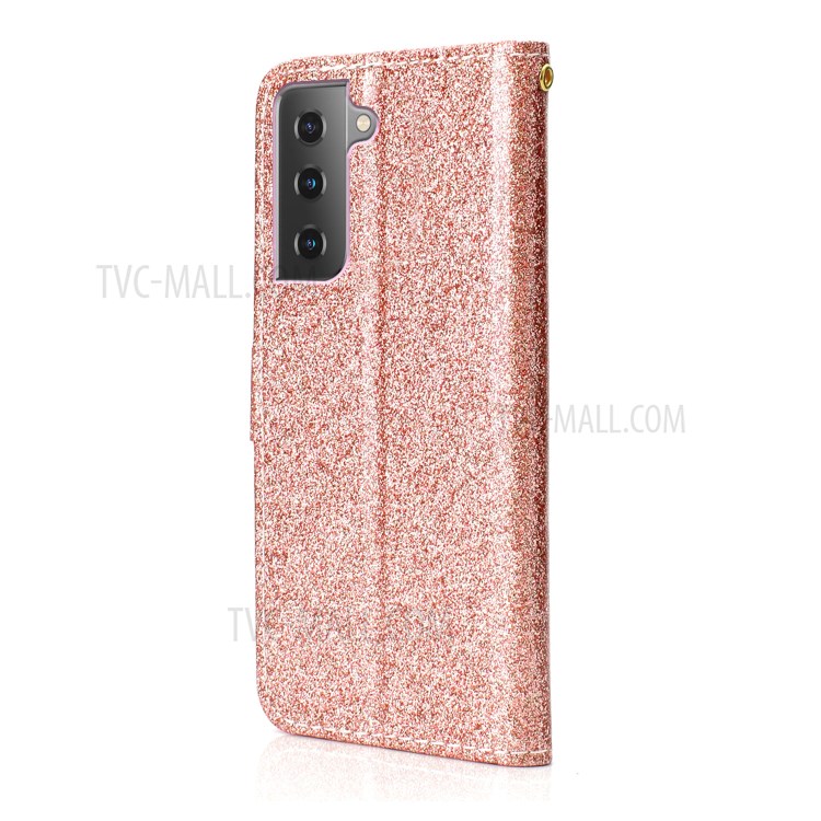 Glitter Powder PU Leather Cellphone Cover Wallet Stand Case with Wrist Strap for Samsung Galaxy S21+ 5G - Rose Gold-3