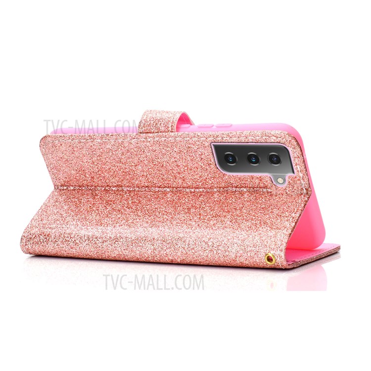 Glitter Powder PU Leather Cellphone Cover Wallet Stand Case with Wrist Strap for Samsung Galaxy S21+ 5G - Rose Gold-4