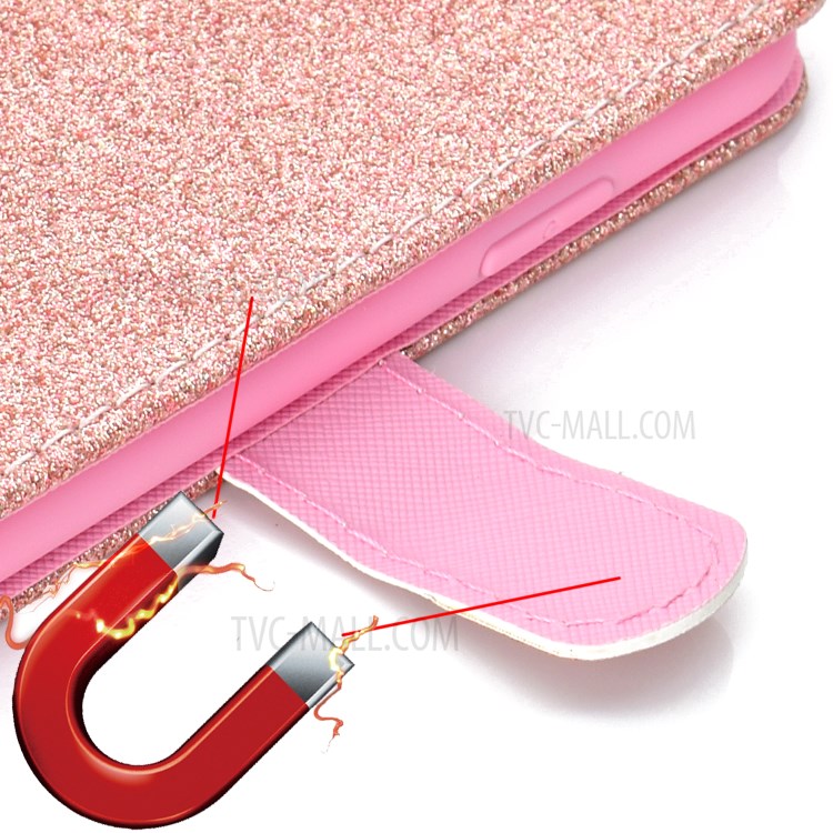 Glitter Powder PU Leather Cellphone Cover Wallet Stand Case with Wrist Strap for Samsung Galaxy S21+ 5G - Rose Gold-7