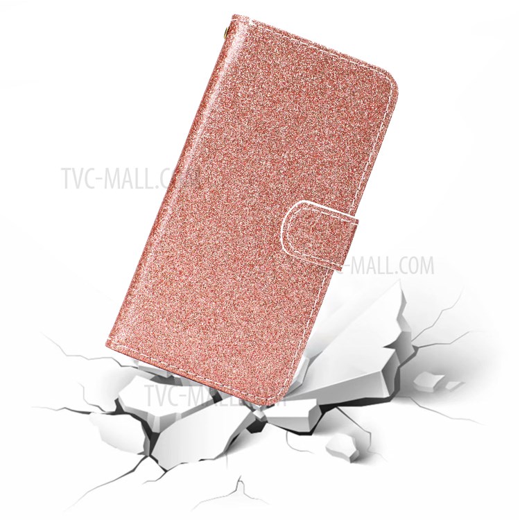 Glitter Powder PU Leather Cellphone Cover Wallet Stand Case with Wrist Strap for Samsung Galaxy S21+ 5G - Rose Gold-8