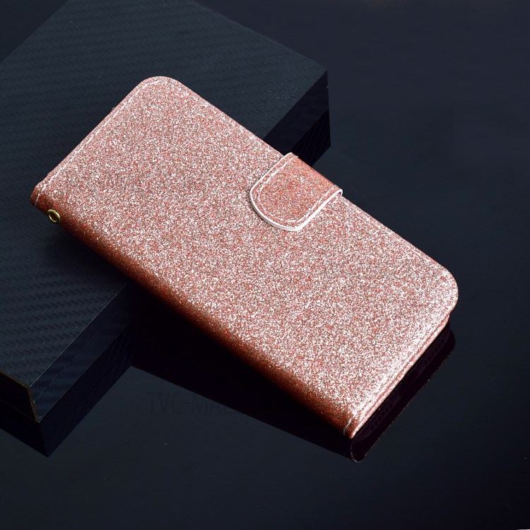 Glitter Powder PU Leather Cellphone Cover Wallet Stand Case with Wrist Strap for Samsung Galaxy S21+ 5G - Rose Gold-9