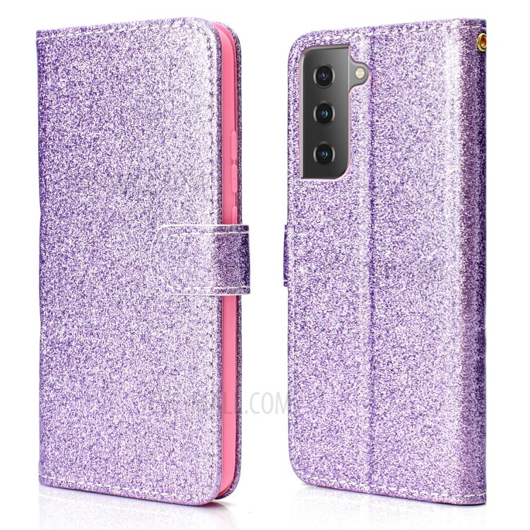 Glitter Powder PU Leather Cellphone Cover Wallet Stand Case with Wrist Strap for Samsung Galaxy S21+ 5G - Purple-1