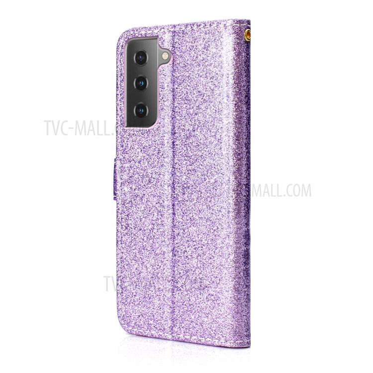 Glitter Powder PU Leather Cellphone Cover Wallet Stand Case with Wrist Strap for Samsung Galaxy S21+ 5G - Purple-3