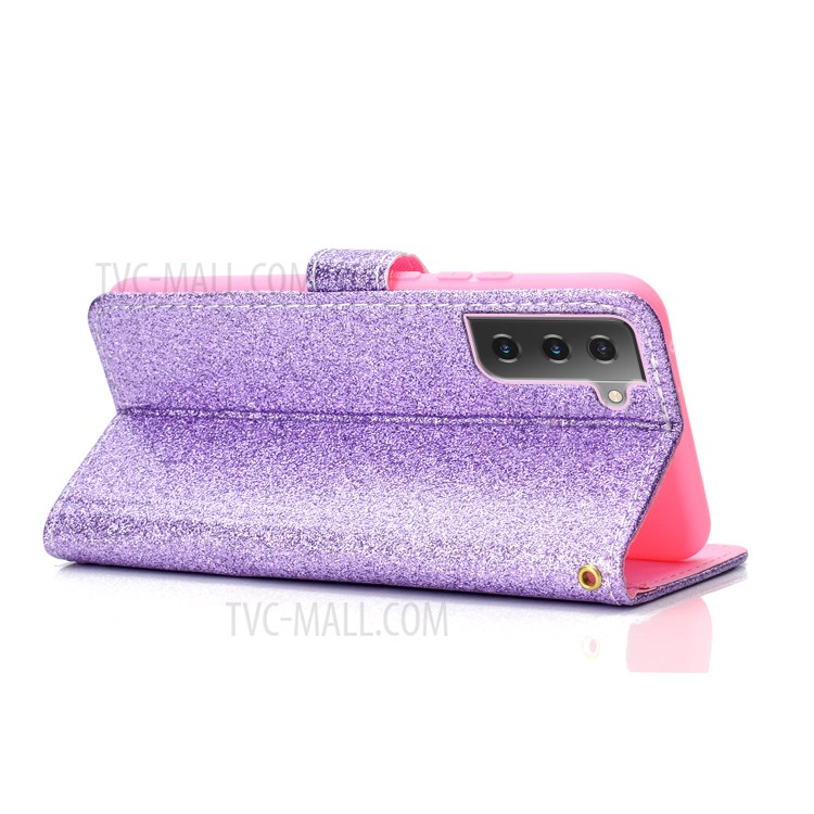 Glitter Powder PU Leather Cellphone Cover Wallet Stand Case with Wrist Strap for Samsung Galaxy S21+ 5G - Purple-4