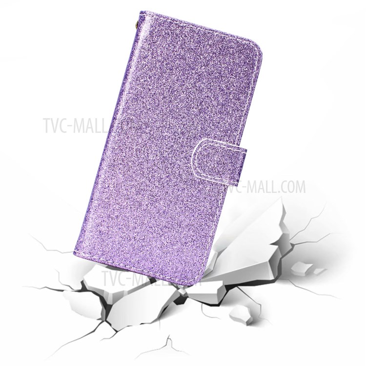 Glitter Powder PU Leather Cellphone Cover Wallet Stand Case with Wrist Strap for Samsung Galaxy S21+ 5G - Purple-8